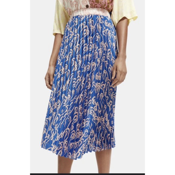 Anthropologie Scotch & Soda Women Blue Palm Pleated Preppy Boho Midi Skirt Sz S